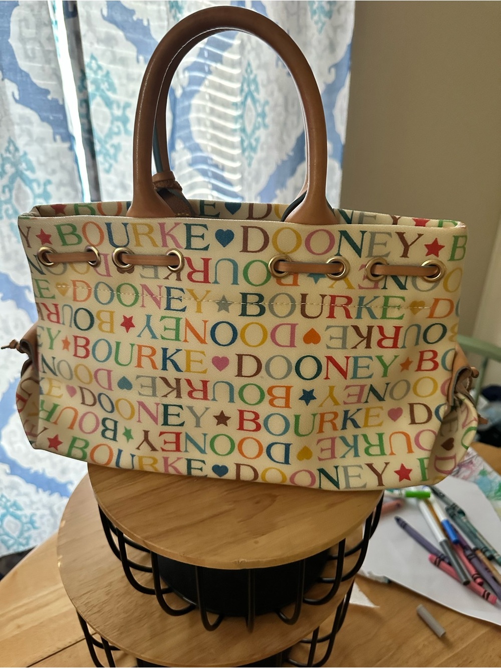 Dooney & Bourke Cream Multicolor Logo Canvas Tote with Tan Leather Trim - Picture 4 of 6